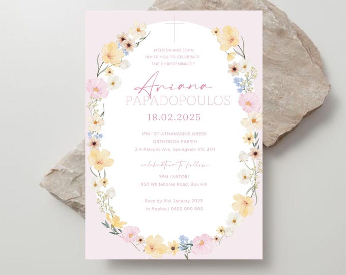 Pink Floral Christening Invitation