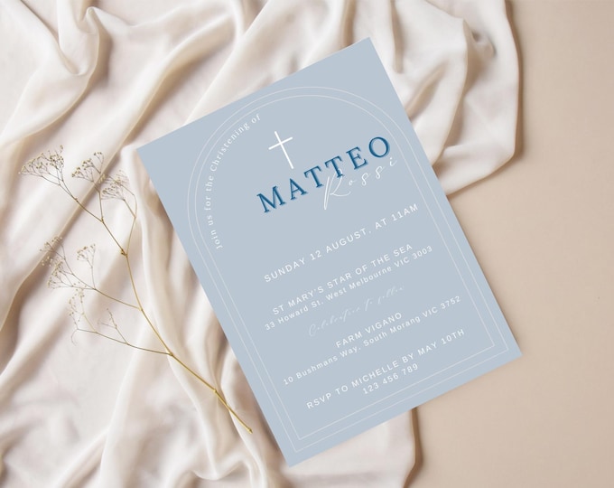 Modern Blue Christening Invitation