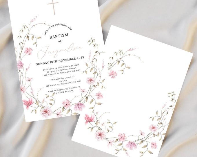 Hand Drawn Pink Floral Christening Invitation