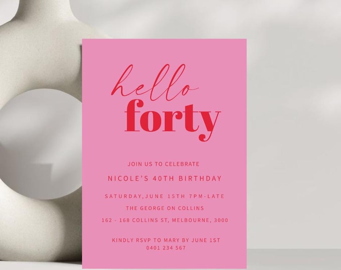 Hello Forty Minimal 40th Invitation Pink and Red