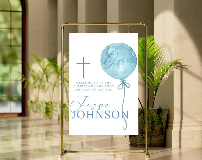 Blue Christening and First Birthday Welcome Sign