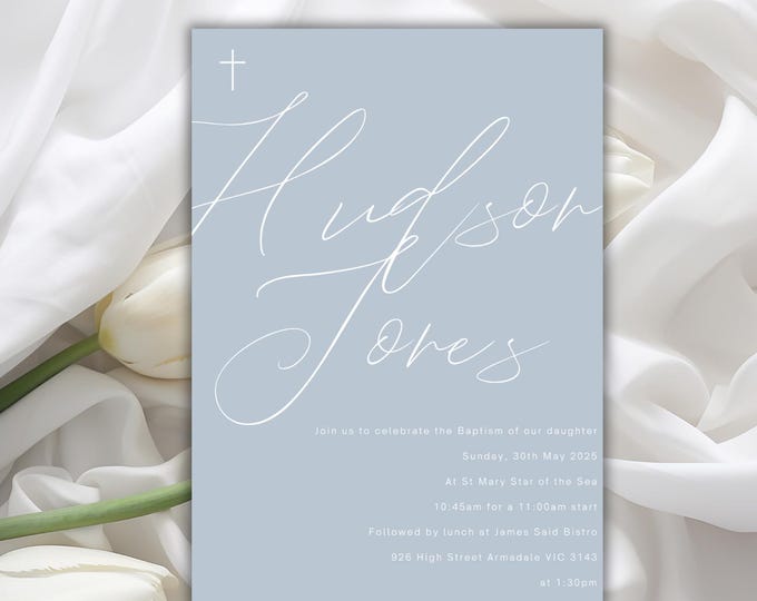 Script Dusk Blue Christening Invitation