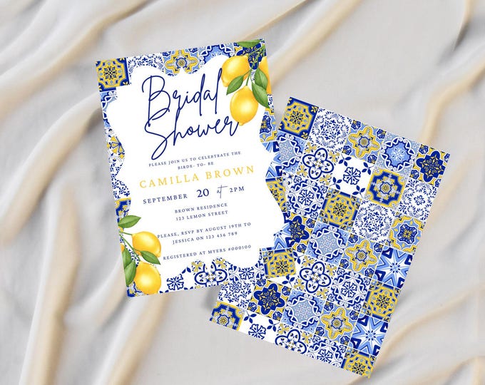 Lemon Themed Bridal Shower Invitation, Mediterranean Tile, Blue and Yellow Bridal Party Invitation