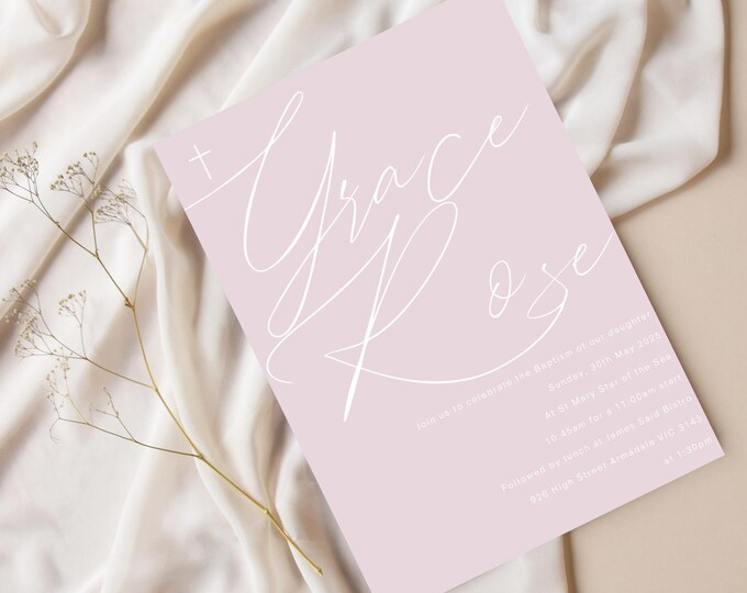 Script Pink Christening Invitation