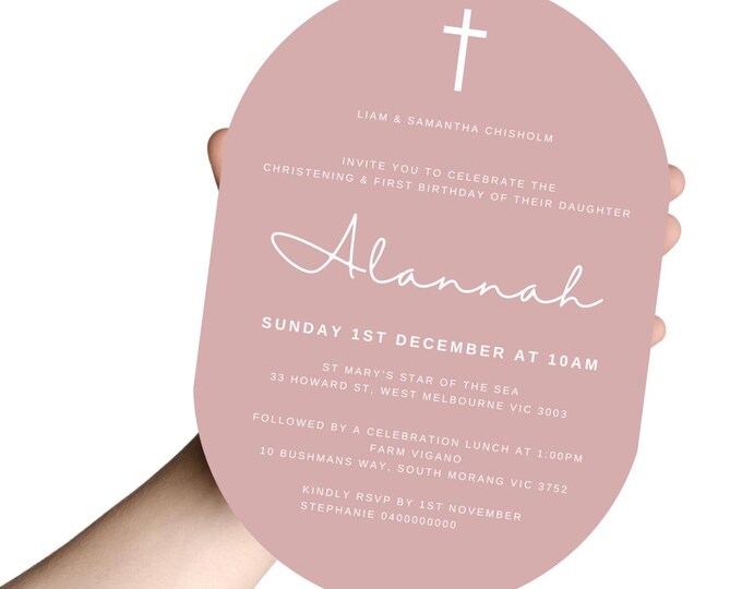 Rose Pink Double Arch Christening and First Birthday Invitation
