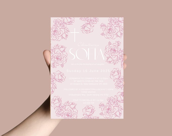 Pink Floral Christening Invitation| Soft Rose Theme