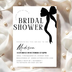 Bow Bridal Shower Invitation | Black Bow | Bridal Shower | Editable Template | Canva Template