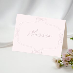 Minimalist Pink Bow Place Card Template - Editable Name Card for Baby Showers, Christenings, or Weddings