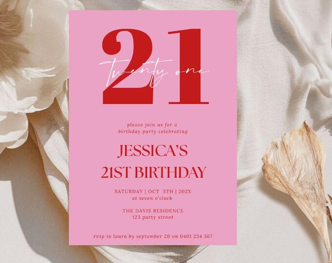 Twenty One Pink and Red Minimal Invitation
