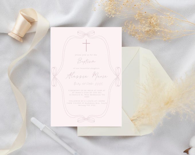 Minimalist Pink Bow Baptism Invitation