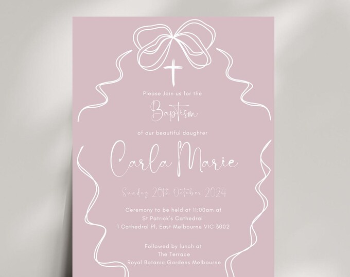 Pink and White Ribbon and Bow Christening Invitation