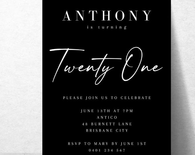 Twenty One Minimal Black and White Invitation