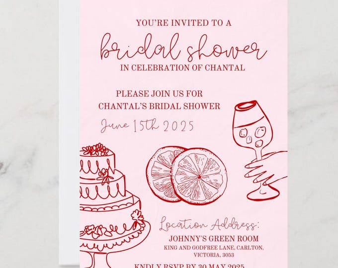 Red and Pink Illustrative Bridal Shower Invitation