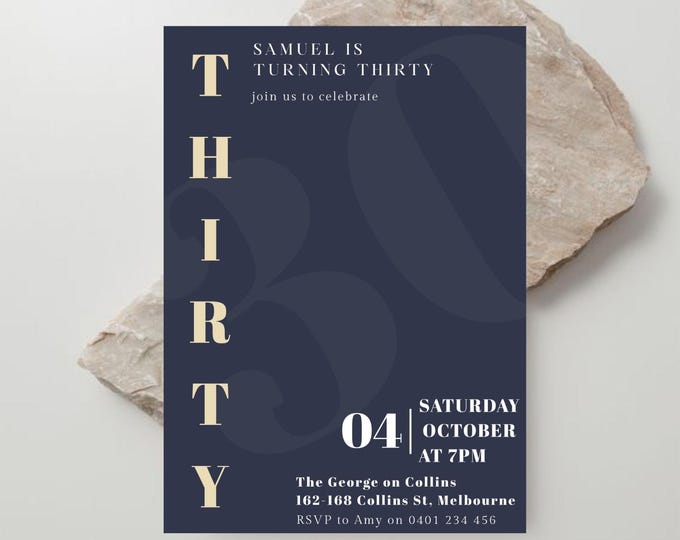 Navy 30th Thirty Birthday Invitation