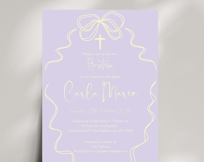 Lilac and Lemon Ribbon and Bow Christening Invitation