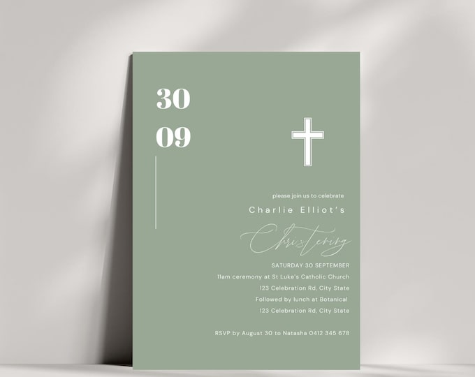 Sage Green Minimalist Christening Invitation