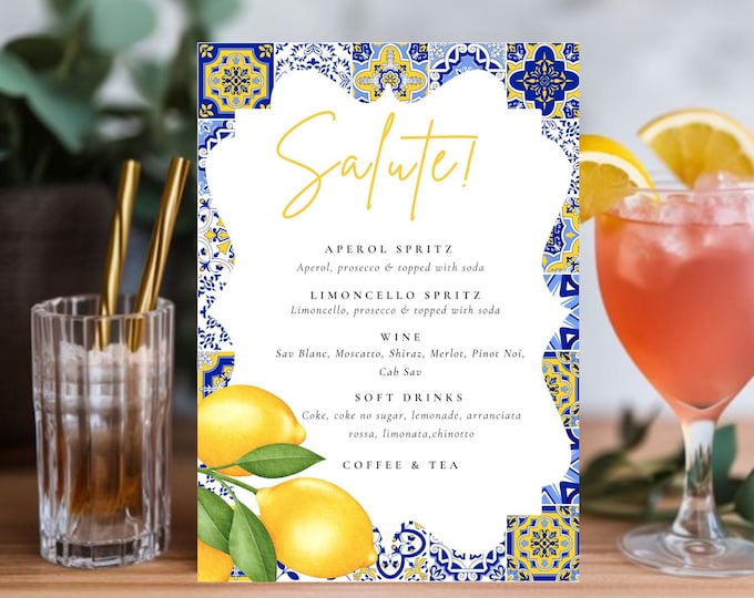 Blue Tile Lemon Bar Menu Sign - Mediterranean, Italian Tile Inspired Positano Bridal Shower Drink Menu