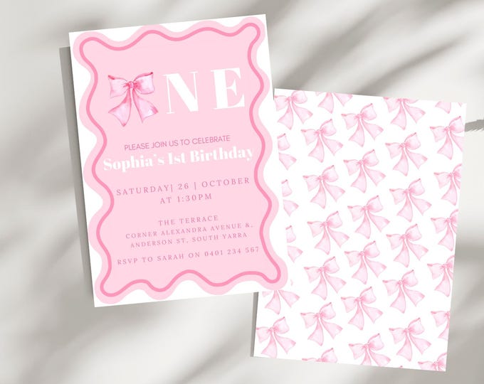 Pink Wavy border and Bow First Birthday Invitation