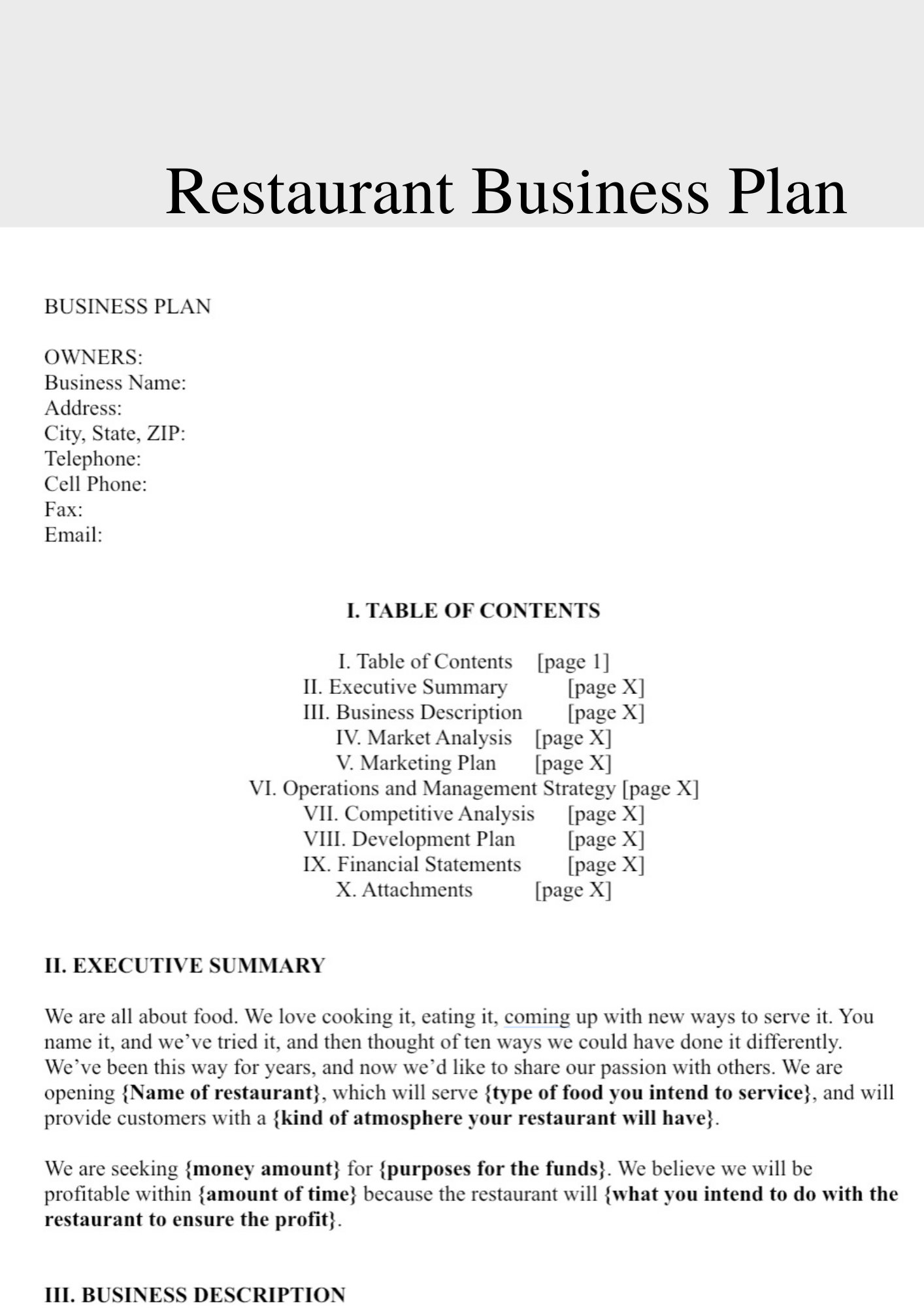 restaurant business plan executive summary