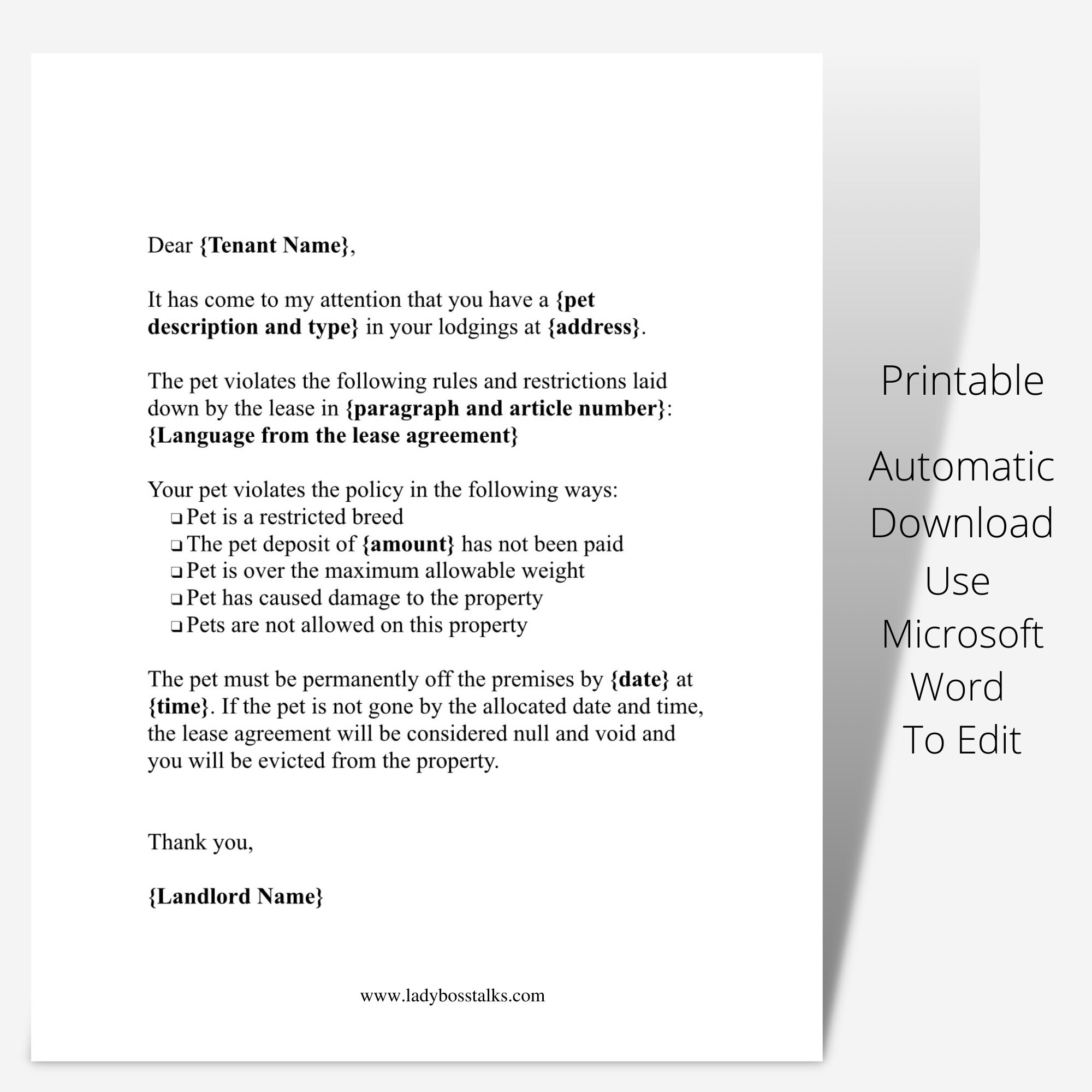 Unauthorized Pet Notice Letter Landlord Letters Landlord Etsy