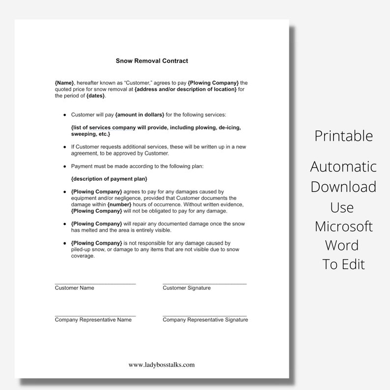 Snow Plowing Contract Snow Shoveling Contract Snow Removal Etsy