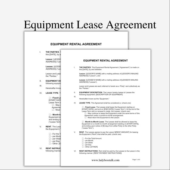 equipment lease agreement template equipment leasing etsy