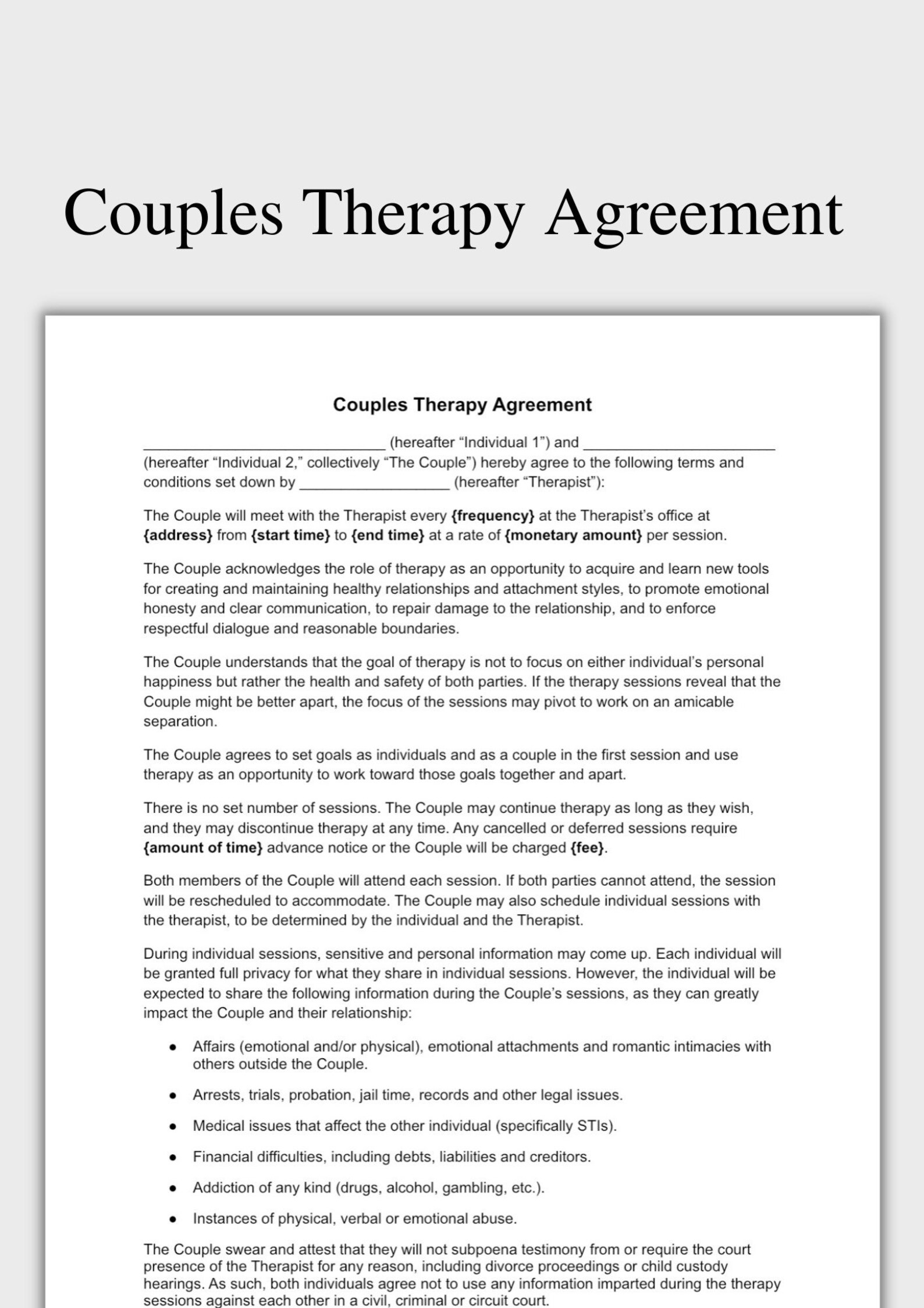 Couples Therapy Contract Agreement Couples Therapy Agreement Etsy
