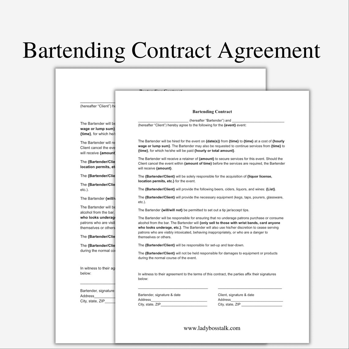 Bartending Contract Agreement Bartending Contractor - Etsy