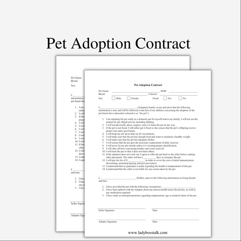 Pet Adoption Contract Pet Adoption Contract Agreement Etsy
