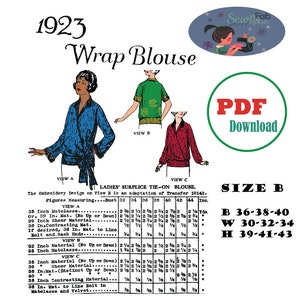 May include: Vintage 1923 wrap blouse sewing pattern with illustrations of three blouse styles. Includes size chart and PDF download information. The design features a tie-on style.