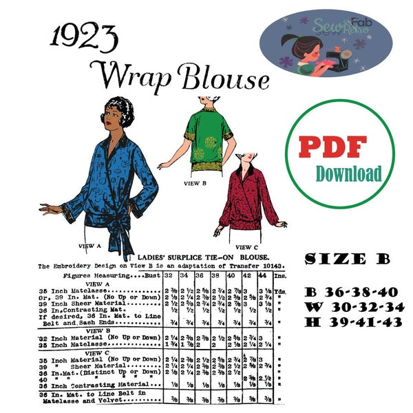 1923 Wrap Blouse szB pdf Pattern Download B36 B38 B40 drop waist cocoon jacket