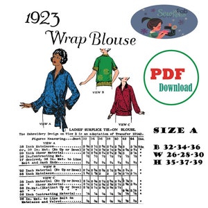 May include: Vintage 1923 wrap blouse sewing pattern. The image shows three blouse designs in blue, green, and red. Includes size chart and PDF download instructions. A classic sewing pattern for a wrap blouse.