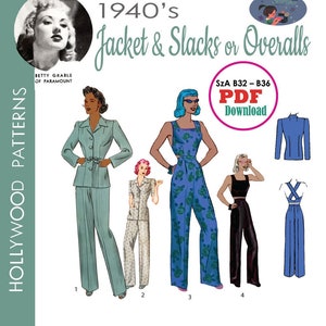 Pantaloni larghi a gamba larga anni &#39;40 con top corto o tuta con schiena scoperta più giacca modello di cucito da scaricare in PDF B32 B34 B36