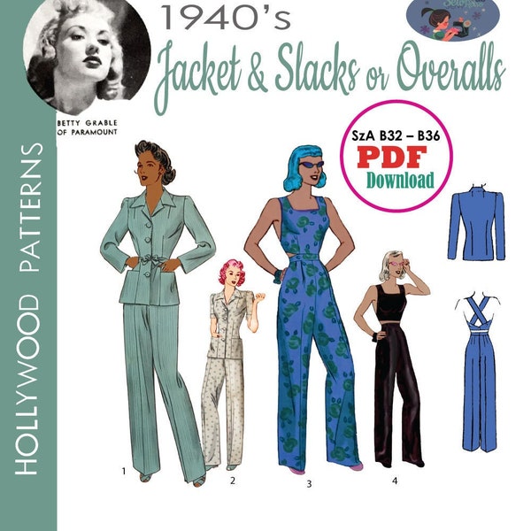 1940's wide leg slacks or overalls with peekaboo back plus Jacket sz A PDF download sewing pattern  B32 B34 B36