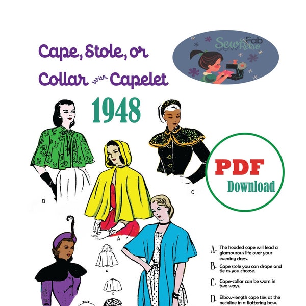 1948 Cape with hood, stole, collar with capelet sewing pattern PDF download