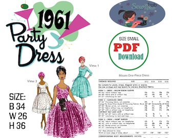 PDF Download B34 1961 Party Dress Sewing Pattern US Sz Small B34 W28 H37