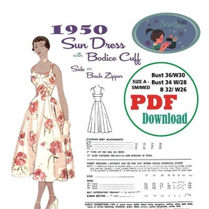 PDF Sewing Pattern 1950 Summer Dress bodice cuff Sm/Med Size A B32 B34 B36