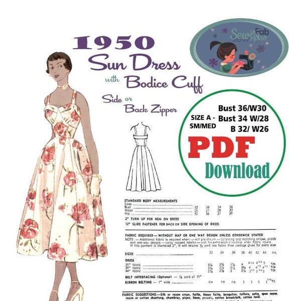 PDF Sewing Pattern 1950 Summer Dress bodice cuff Sm/Med Size A B32 B34 B36