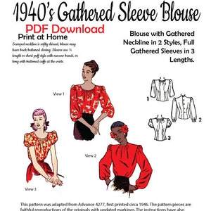 XS/S/M PDF 1940&#39;s Blouse Pattern Gathered Sleeves and Neckline download and print at home Multi Size B32 B34 B36