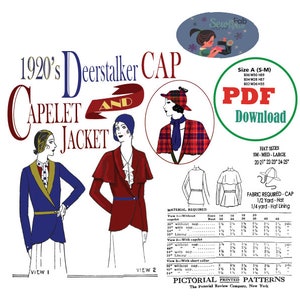 Może przedstawiać: Zabytkowy wzór szycia na czapkę Deerstalker i kurtkę Capelet z lat 20. Ilustracja przedstawia dwie kobiety noszące czapkę i kurtkę w różnych stylach. Wzór zawiera rozmiary kapeluszy i wymagania dotyczące tkanin. Widoczny jest tekst "PDF Download".