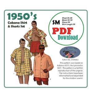 Descargar PDF 1950&#39;s szSMALL Cabana camisa y pantalones cortos conjunto patrón de costura 34-36