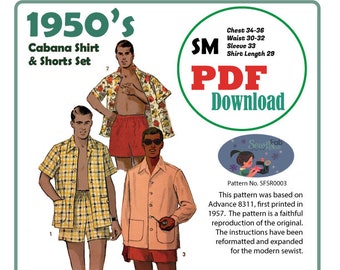 PDF Download 1950's szSMALL Cabana Shirt and Shorts Set Sewing Pattern 34-36