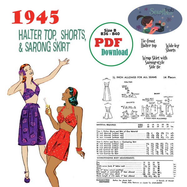 PDF Sewing Pattern 1945 Halter, Shorts & Sarong Skirt Med/Lg Size B  B36 B38 B40