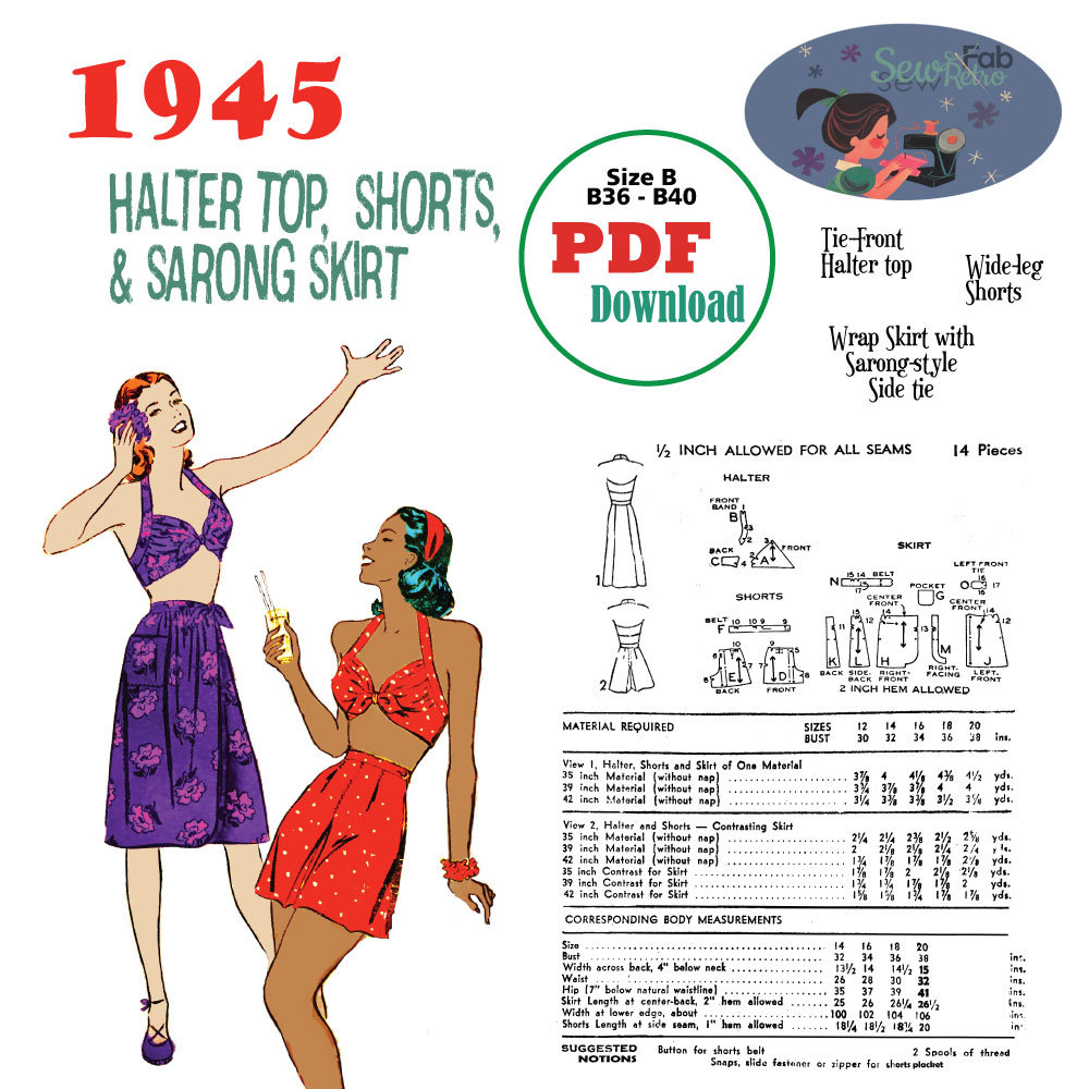 M/L/XL PDF Sewing Pattern 1945 Halter, Shorts & Sarong Skirt  Size B  B36 B38 B40