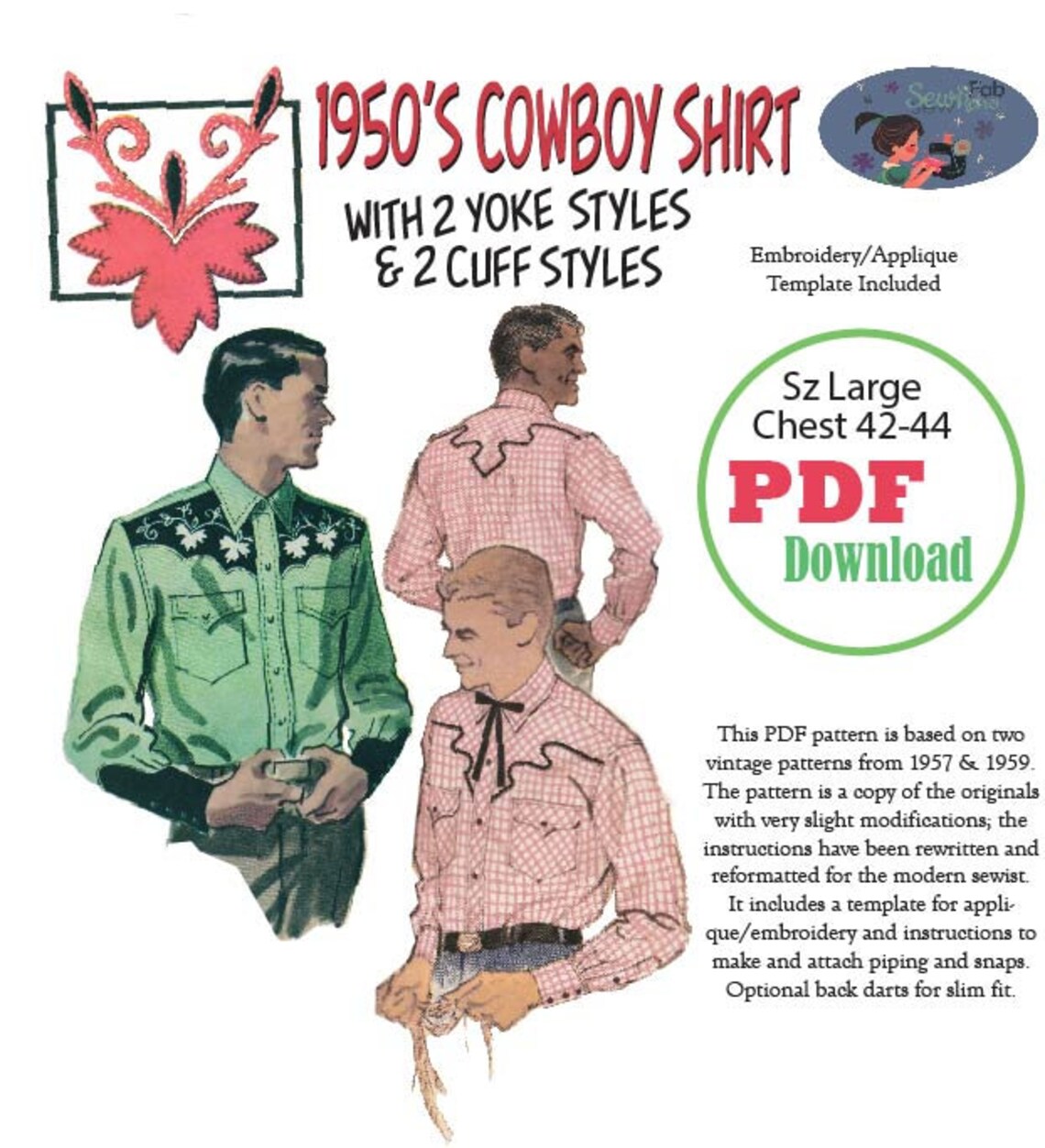 1950's Szlarge Cowboy Western Shirt Sewing Pattern PDF Instant Download ...