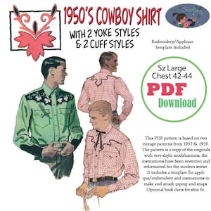 Könnte beinhalten: Ein Vintage-Schnittmuster für ein Cowboy-Hemd aus den 1950er Jahren. Das Muster enthält zwei Passe-Stile und zwei Manschetten-Stile. Das Bild zeigt Illustrationen des Hemdes in Grün und Rosa mit dekorativer Stickerei. Das Muster ist für Brustumfang 107-112 cm.