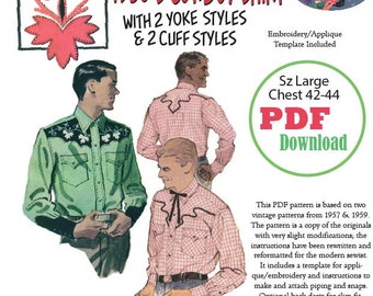 1950's szLARGE Cowboy Western Shirt Sewing Pattern PDF Instant Download 42-44