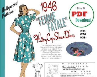 PDF Download B36 1946 Flutter Cape Sleeve Dress Beginner Sewing Pattern US Sz M B36 W30 H39