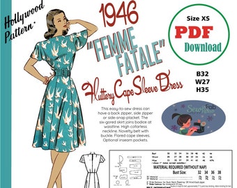 PDF Download B32 1946 Flutter Cape Sleeve Dress Beginner Sewing Pattern US Sz XS B32 W27 H35