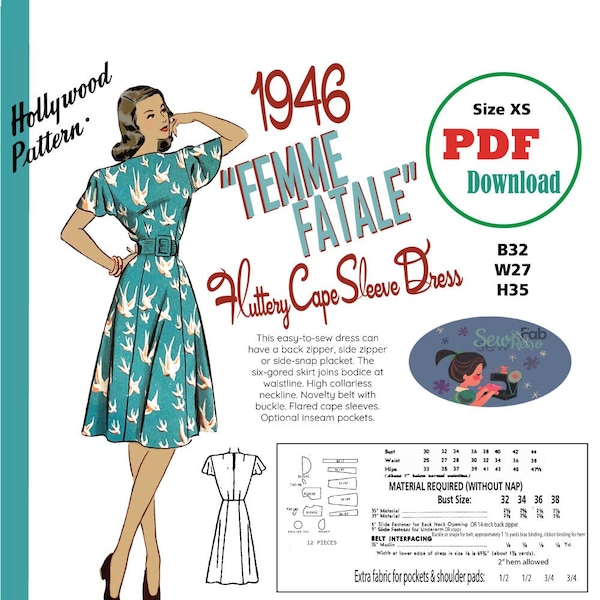 PDF Download B32 1946 Flutter Cape Sleeve Dress Beginner Sewing Pattern US Sz XS B32 W27 H35